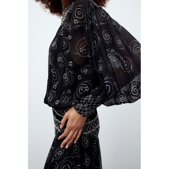NWT Zara black & white embroidered beaded printed midi dress, M - Picture 6 of 16